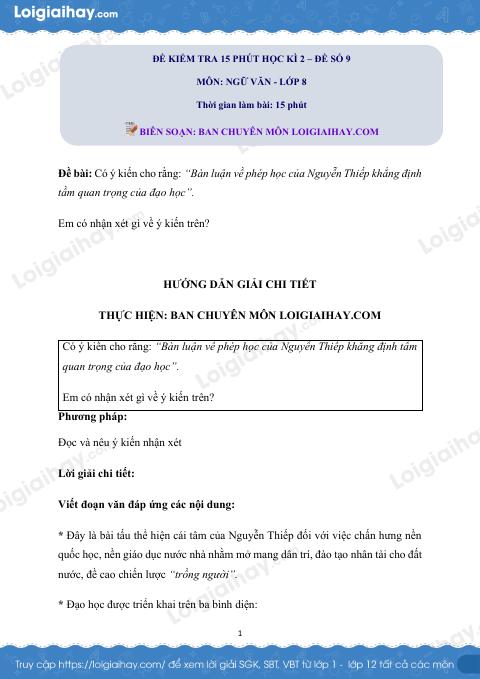 Đề kiểm tra 15 phút Văn 8 - Đề số 9